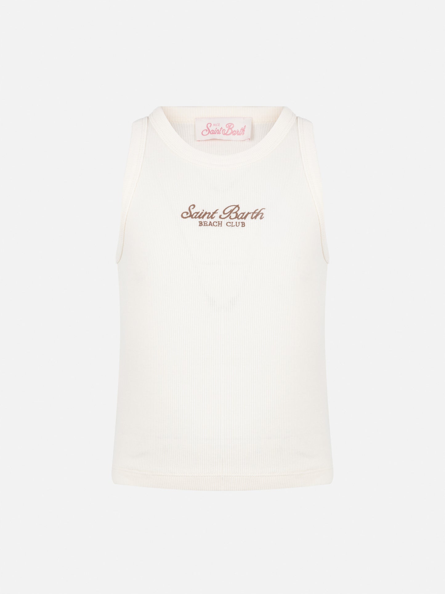 Blaues Jr. Crop-Top aus cremeweißer Baumwolle mit Rippenstrick und Stickerei