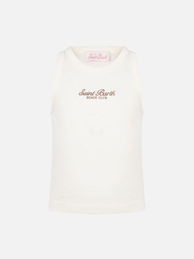 Blaues Jr. Crop-Top aus cremeweißer Baumwolle mit Rippenstrick und Stickerei
