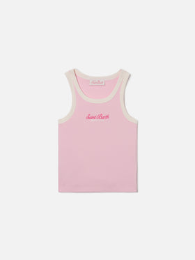 Blue Jr Tank-Top in pink with embroidered logo and cream trims