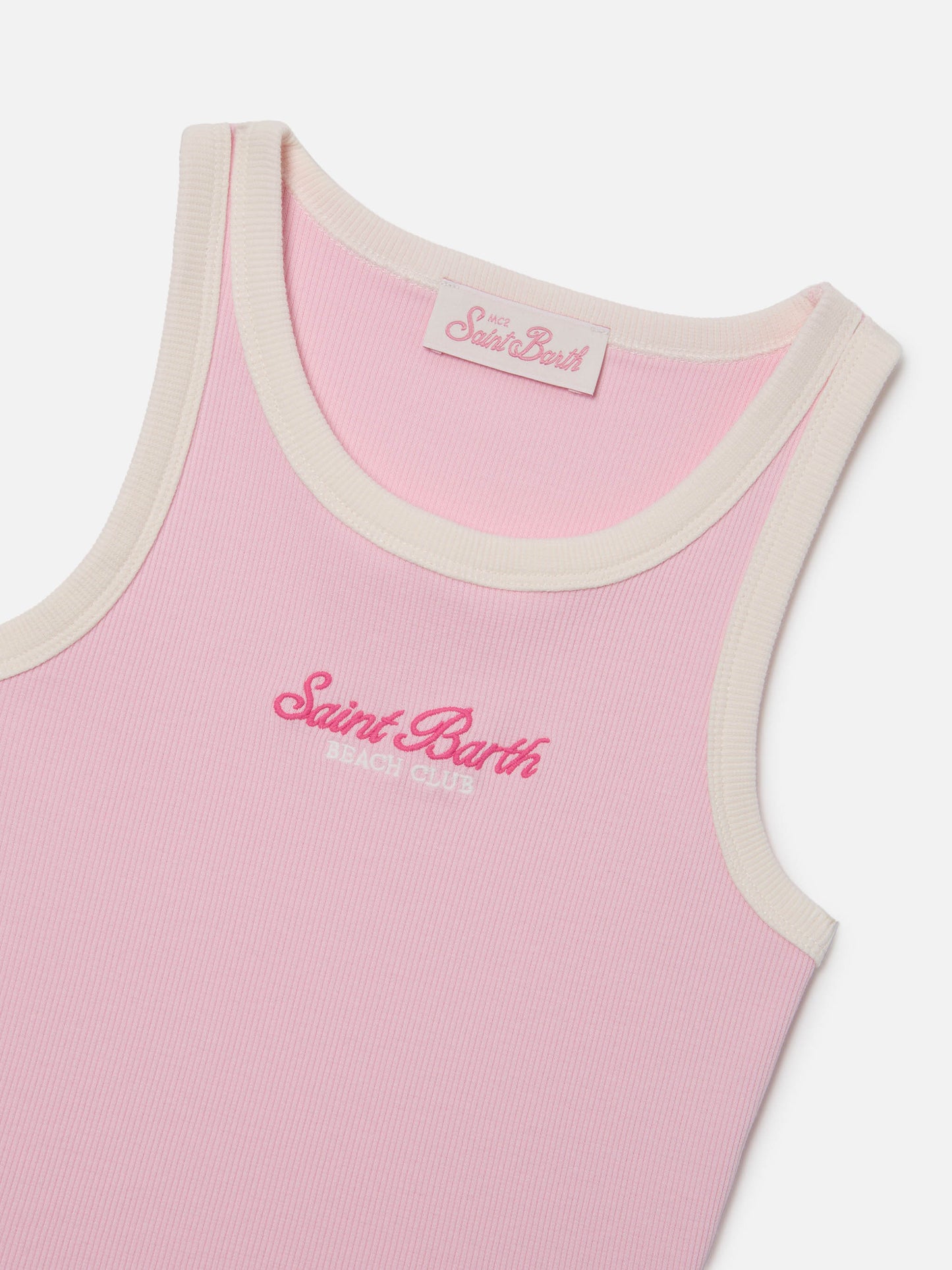 Blue Jr Tank-Top in pink with embroidered logo and cream trims