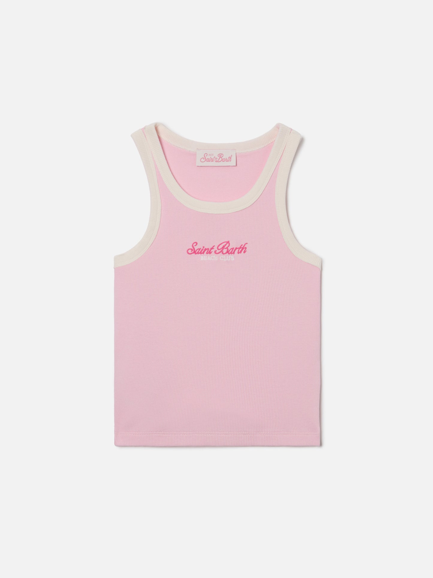 Blaues Jr Tanktop in Pink mit gesticktem Logo und cremefarbenen Abschlüssen 