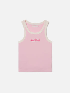 Blaues Jr Tanktop in Pink mit gesticktem Logo und cremefarbenen Abschlüssen 