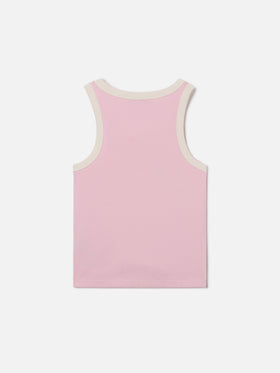 Blaues Jr Tanktop in Pink mit gesticktem Logo und cremefarbenen Abschlüssen 