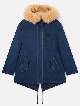 Blue Brenna cotton denim parka with faux fur hood