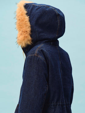 Blue Brenna Parka aus Baumwoll-Denim mit Kapuze aus Kunstpelz 