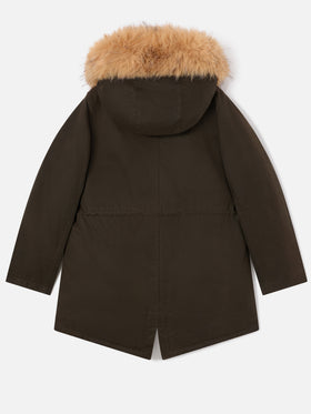Parka encerada Brenna verde militar con capucha de pelo sintético 
