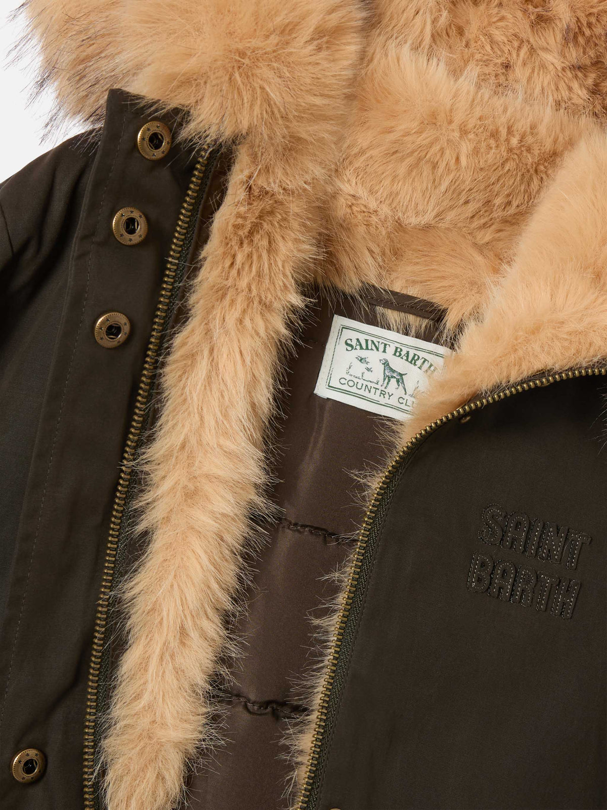 Parka encerada Brenna verde militar con capucha de pelo sintético 
