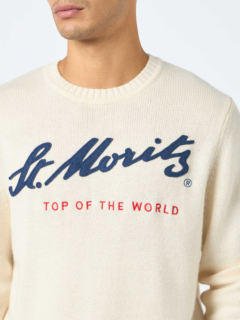 Weißer Herrenpullover Bombardino mit St. Moritz Top of the World-Aufdruck | ST. MORITZ TOP OF THE WORLD SPECIAL EDITION