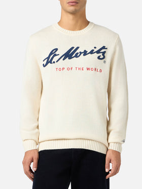 Maglione bianco da uomo Bombardino con stampa St. Moritz Top of the World | ST. MORITZ TOP OF THE WORLD SPECIAL EDITION