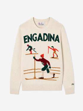 Maglione Bombardino Light bianco panna con jacquard sciatori Engadina