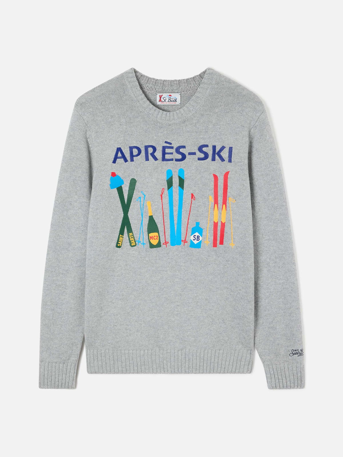 Maglia girocollo Bombardino Light grigia con intarsio e ricamo Après Ski