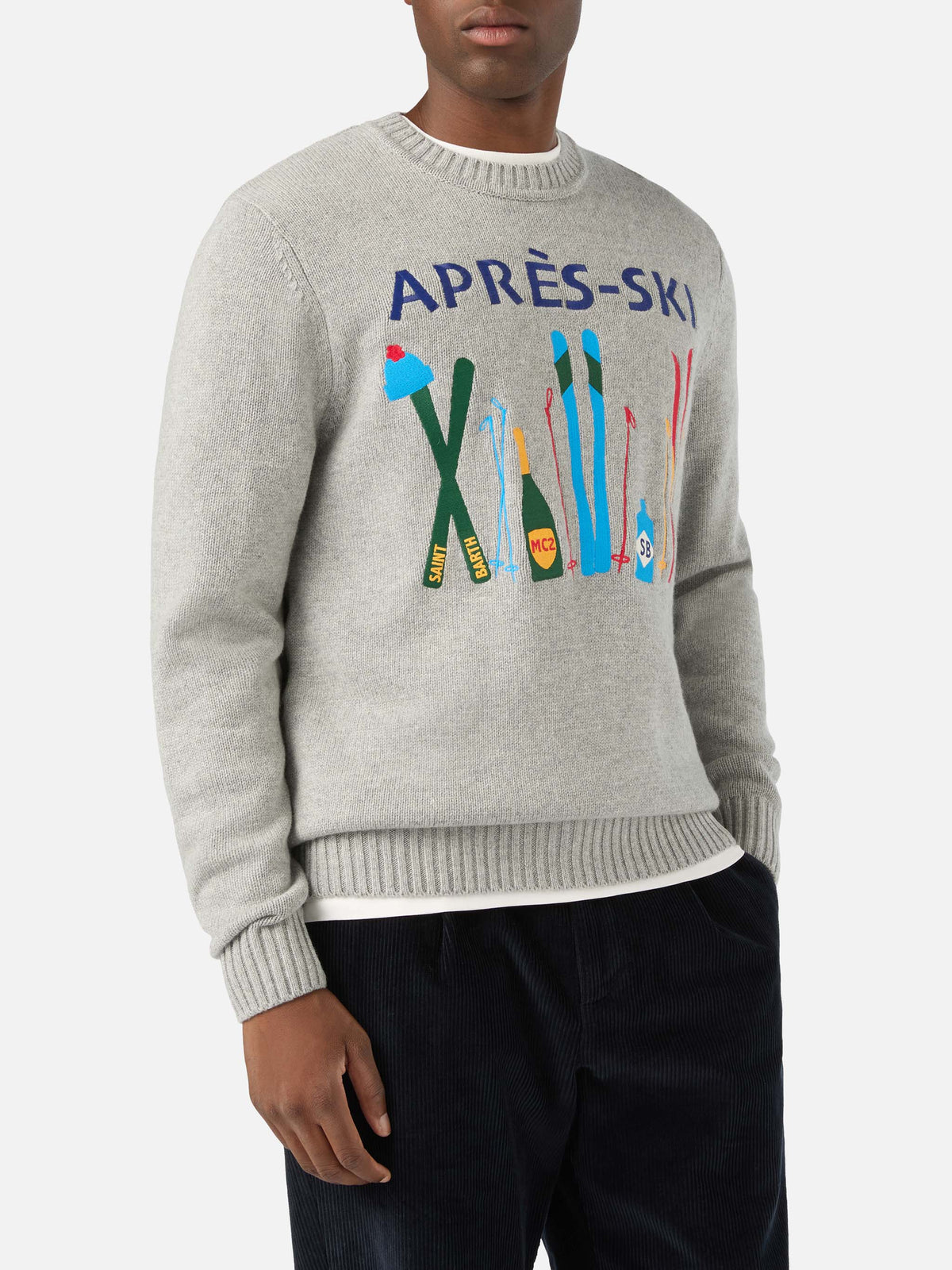 Grauer Bombardino leichter Rundhals-Strickpullover mit Après Ski Intarsie und Stickerei 