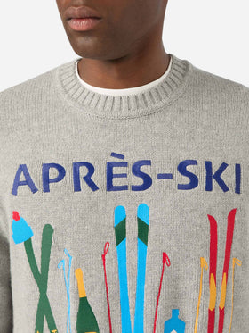 Grauer Bombardino leichter Rundhals-Strickpullover mit Après Ski Intarsie und Stickerei 