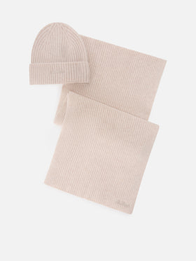 Set aus beigem Kaschmir-Beanie und Schal 