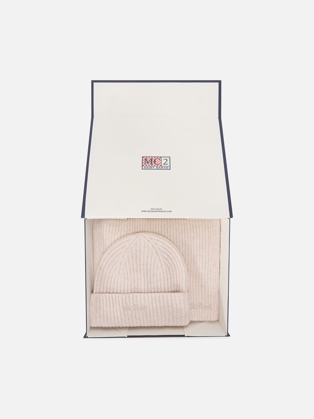 Set aus beigem Kaschmir-Beanie und Schal 