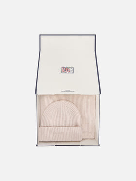 Set aus beigem Kaschmir-Beanie und Schal 