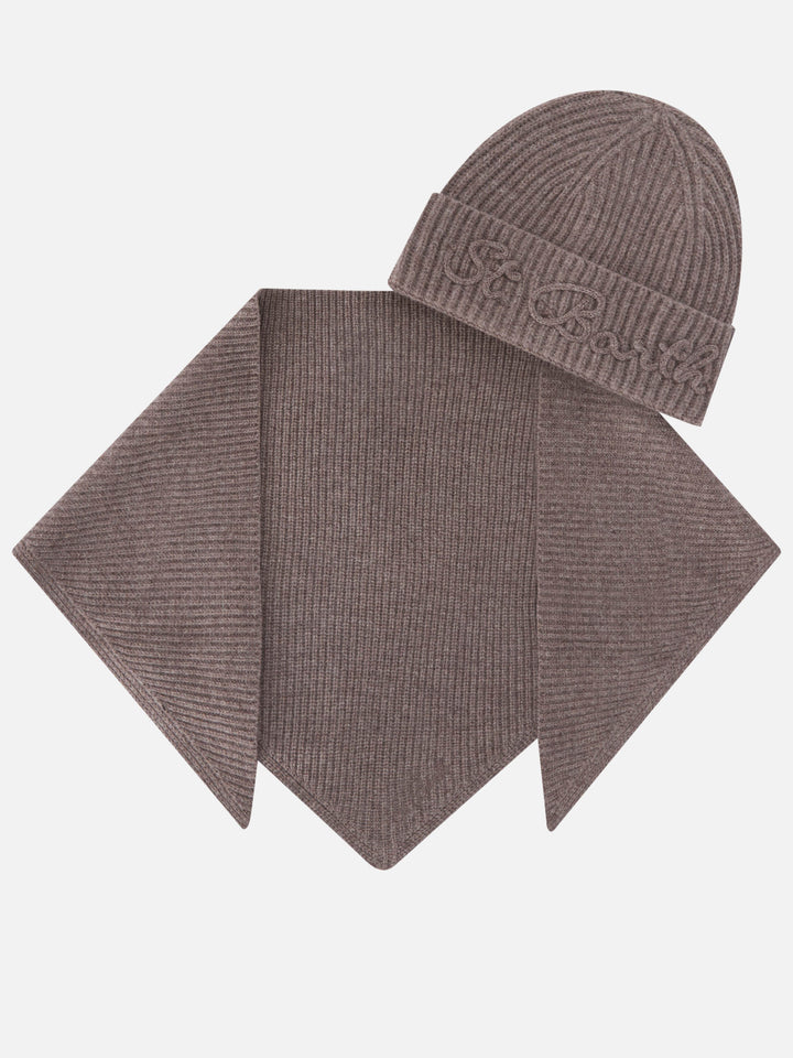 Set berretto e scaldacollo con cappuccio in lana nocciola