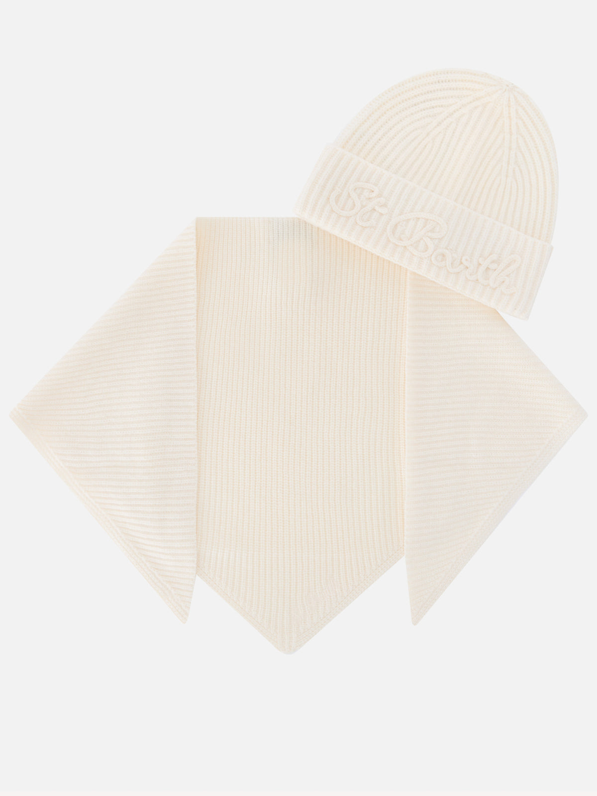 Ensemble bonnet en laine Off white et écharpe à capuche 