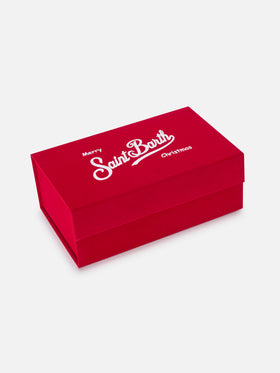 Set pochette con motivo spigato e berretto nero