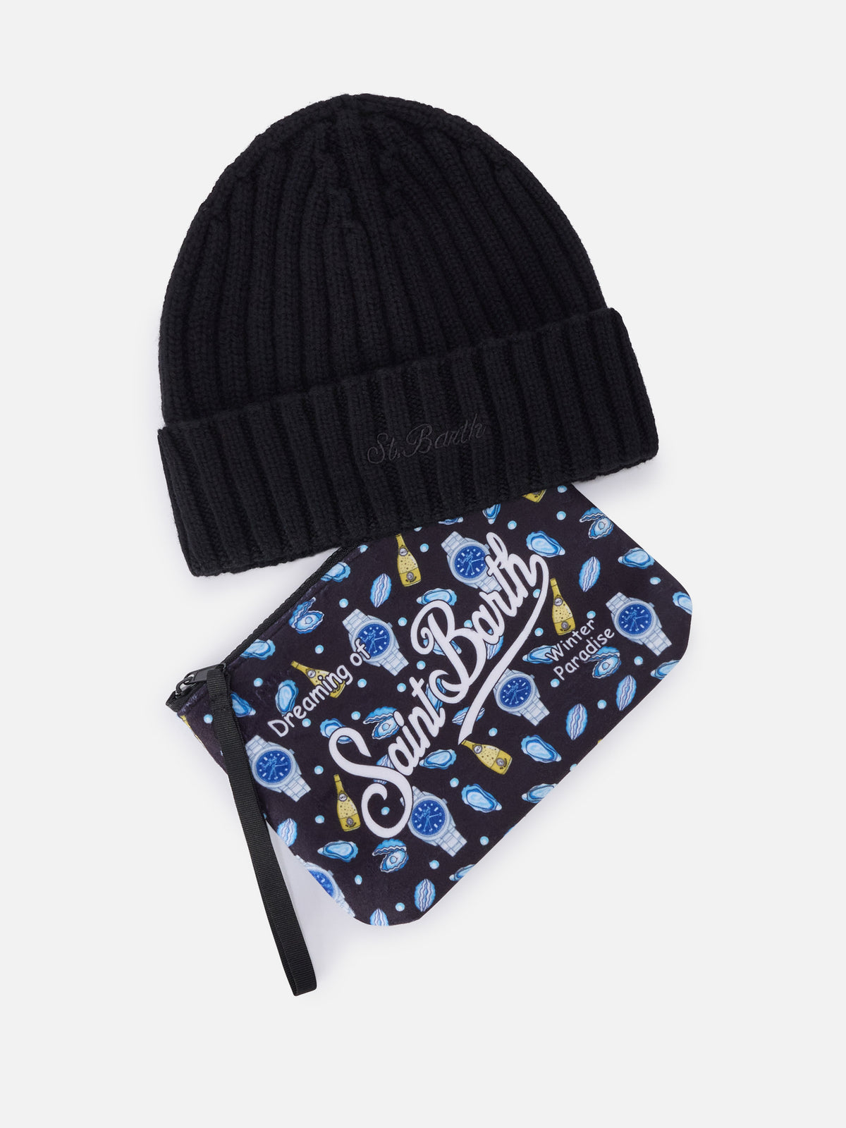 Ensemble Pochette avec imprimé huîtres et montres et bonnet noir 
