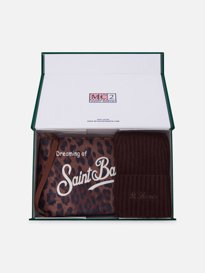 Conjunto de Pochette con estampado de leopardo y gorro marrón 