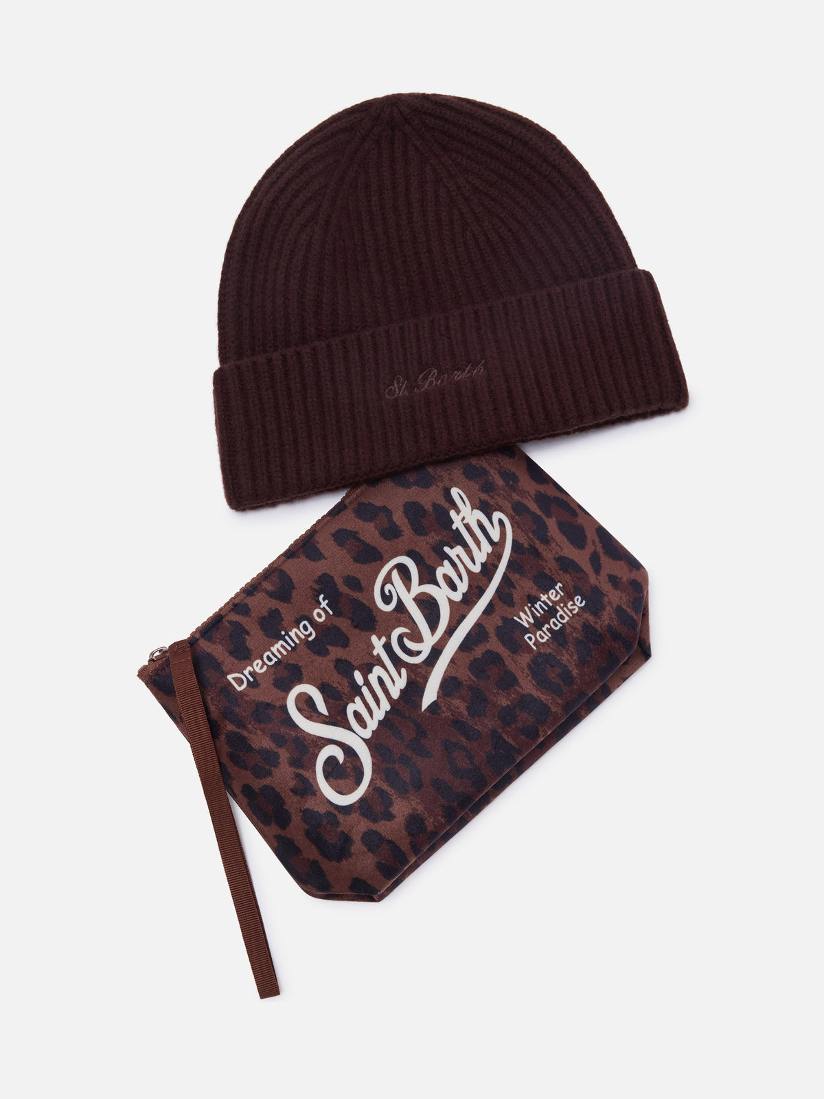 Set pochette con stampa leopardo e berretto marrone