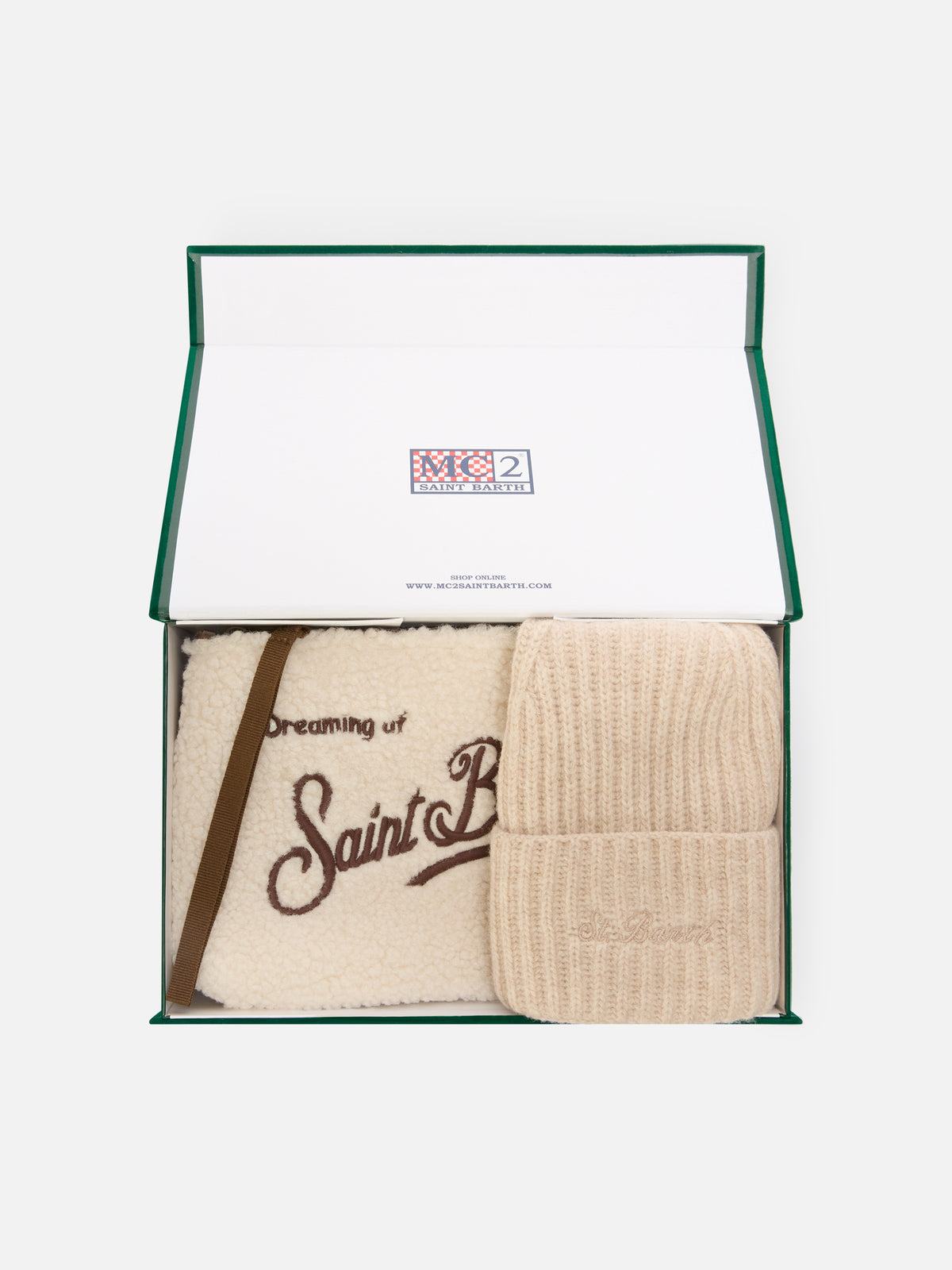 Set aus beigem Teddy pochette und beiger Beanie 