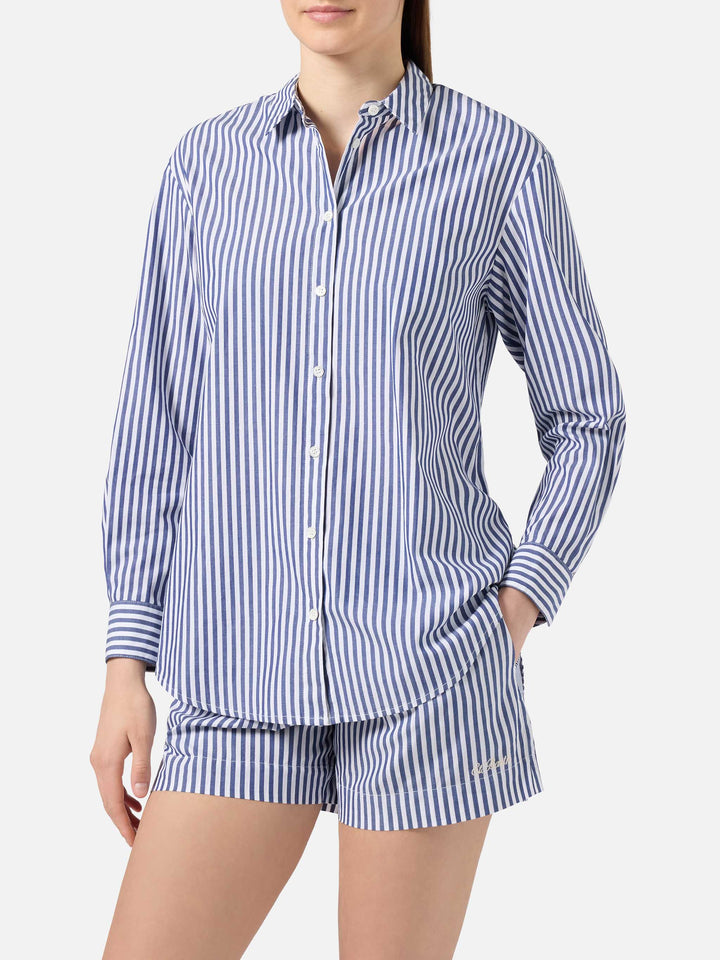 Camicia Brigitte a righe blu con ricamo See You In Saint Barth