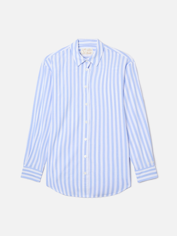 Brigitte cotton shirt with light blue stripes and Bollicine Please! Embroidery