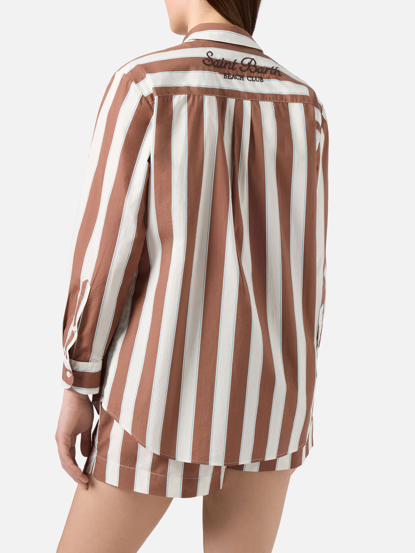 Camicia Brigitte in cotone a righe marroni con ricamo Sport Club