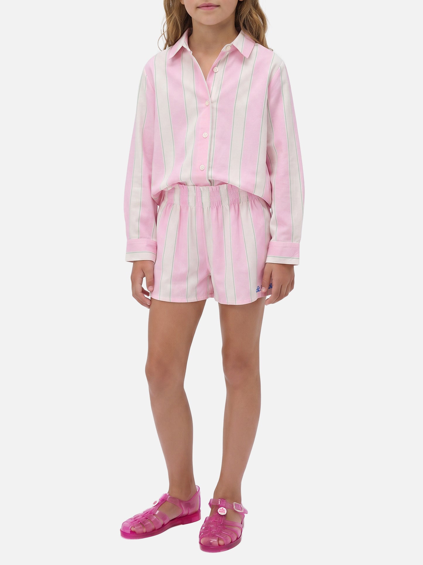 Mini Brigitte Shirt in striped cotton poplin in white, pink and green