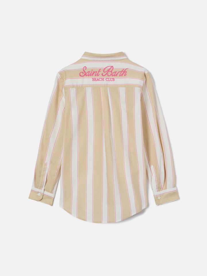 Mini Brigitte Hemd aus gestreiftem Baumwollpopeline in Beige, Weiß und Rosa 