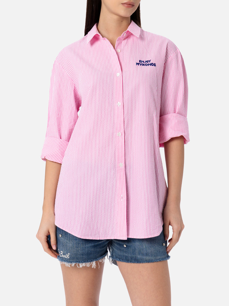 Camicia da donna Brigitte in cotone Seeruscker a righe con ricamo Mykonos davanti e dietro