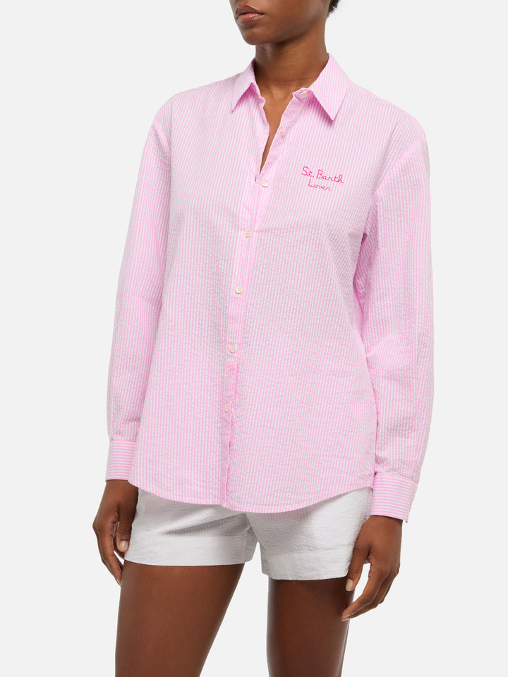 Brigitte camicia in seersucker a righe con stampa Snoopy