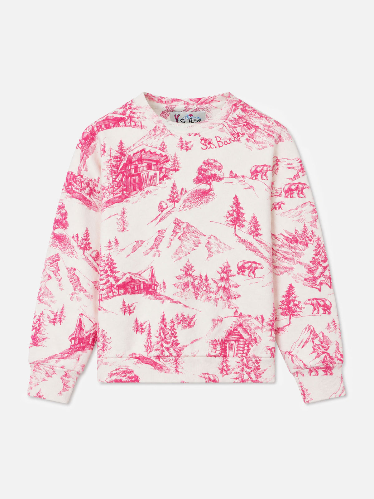 Felpa girocollo Briony bianca con stampa toile de Jouy rosa a tema montagna