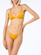 Woman ochre yellow triangle bikini Brooke Jodene