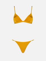 Woman ochre yellow triangle bikini Brooke Jodene