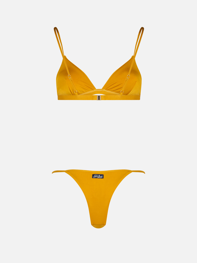 Woman ochre yellow triangle bikini Brooke Jodene