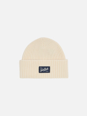 Berry Jr ribbed cashmere-blend beanie in white with St. Barth embroidery