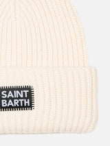 White Berry ribbed knit beanie for kid with Saint Barth patch