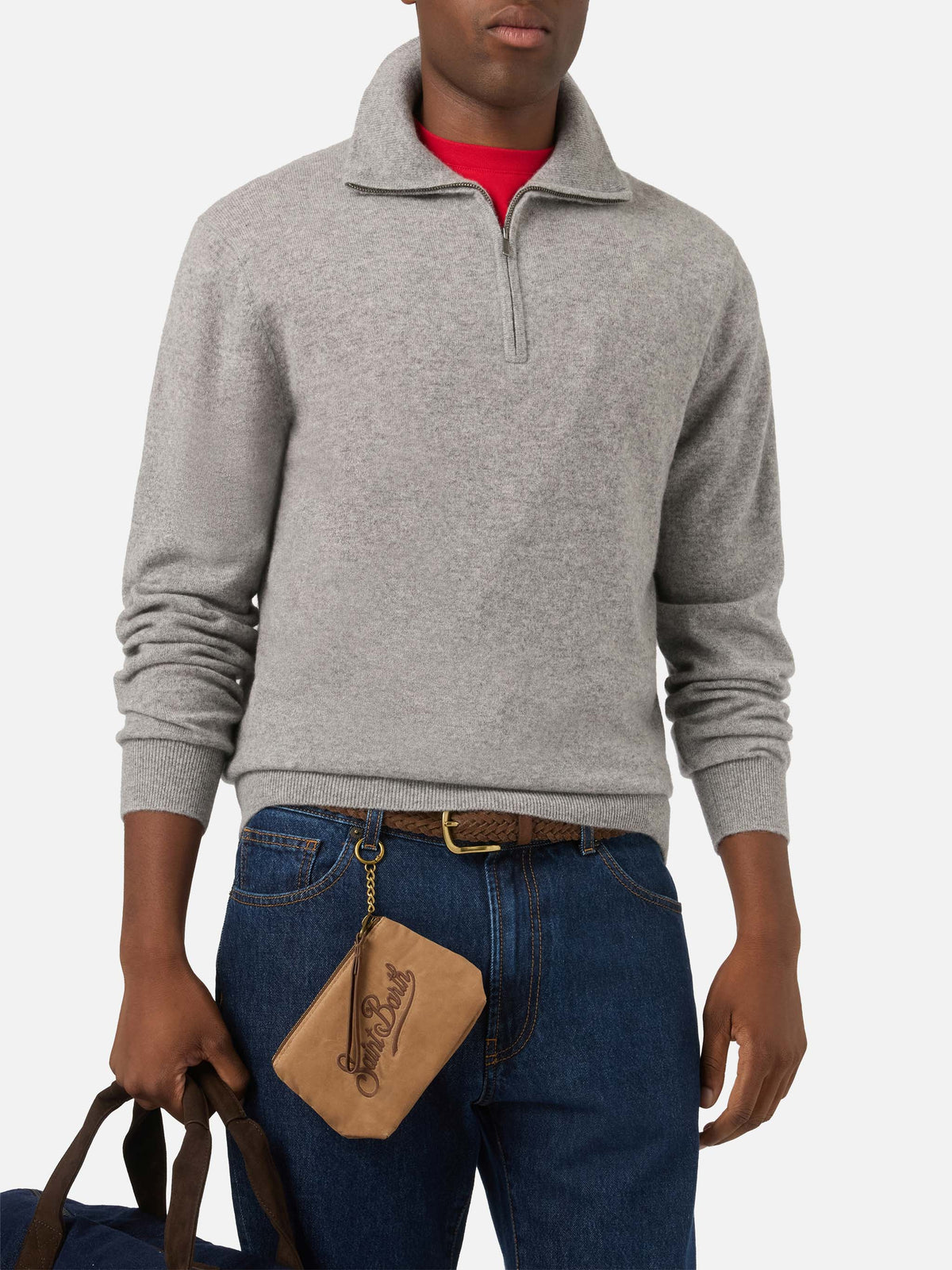 Jersey de cachemir Grey Buck con media cremallera 