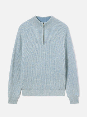 Light blue Buck wool half zip knit with mouliné rib