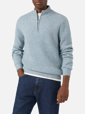 Jersey de punto de media cremallera de lana Buck Light blue con canalé mouliné 