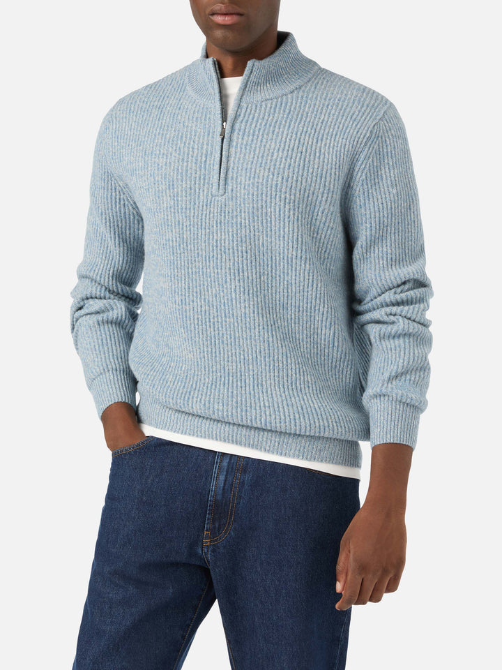 Maglia Buck azzurra in lana con mezza zip e costina mouliné