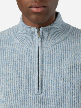 Jersey de punto de media cremallera de lana Buck Light blue con canalé mouliné 