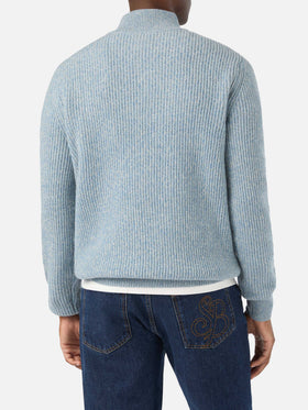 Jersey de punto de media cremallera de lana Buck Light blue con canalé mouliné 