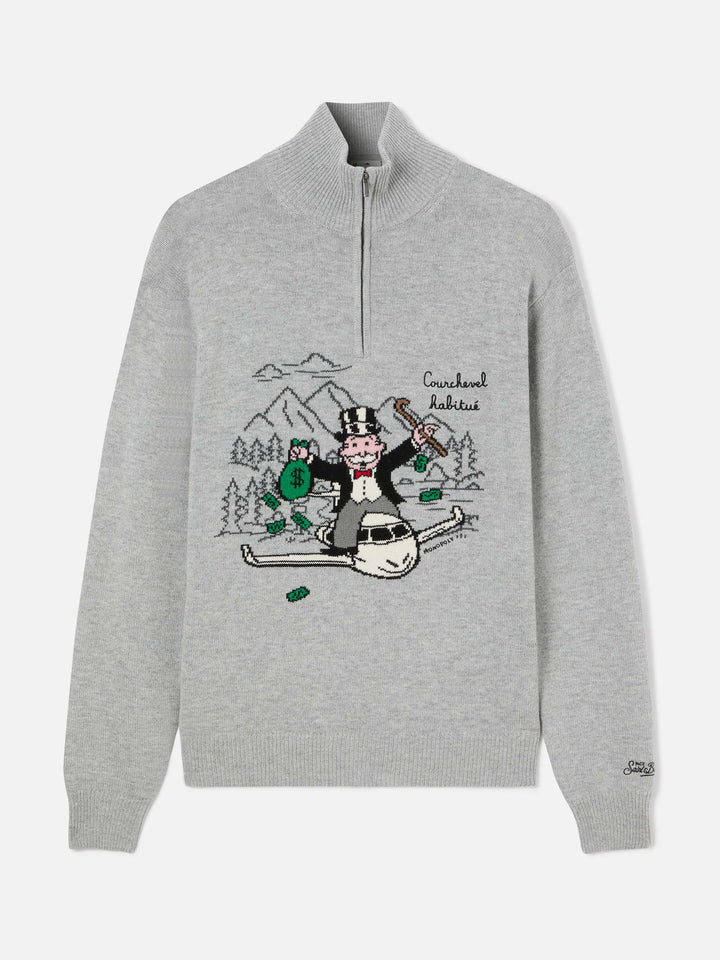 Grauer Buck Strickpullover mit Half-Zip, Monopoly Intarsie und Stickerei | Special edition 