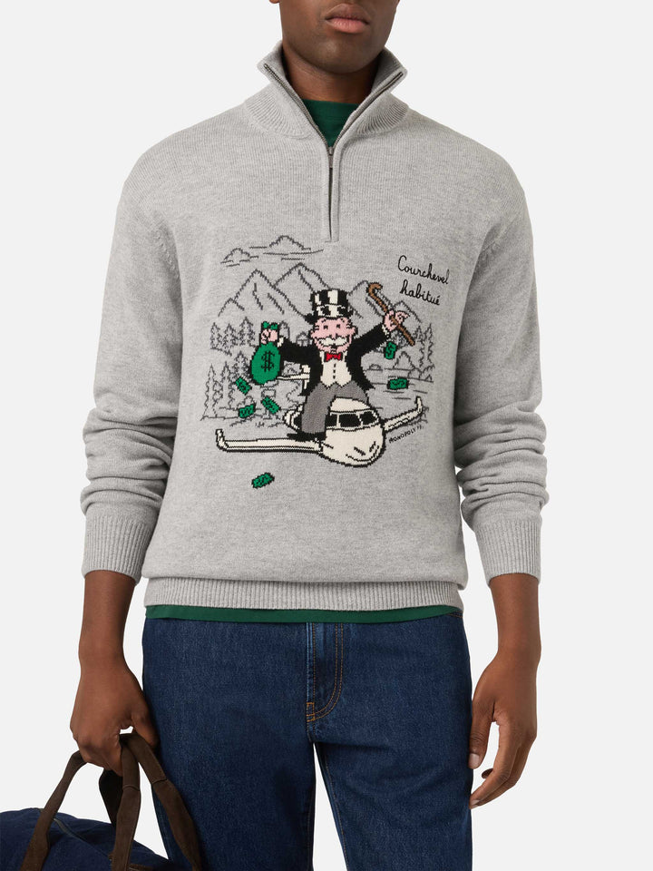 Grauer Buck Strickpullover mit Half-Zip, Monopoly Intarsie und Stickerei | Special edition 