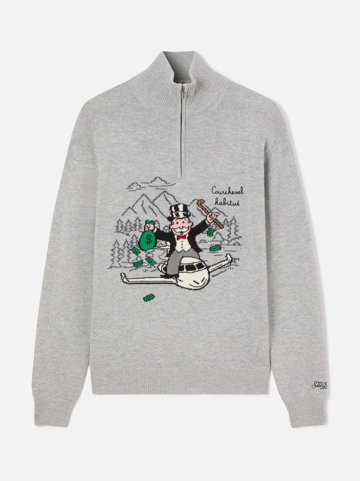 Grauer Buck Strickpullover mit Half-Zip, Monopoly Intarsie und Stickerei | Special edition 