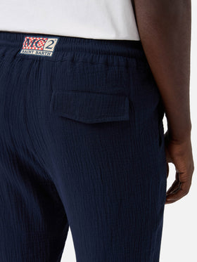 Calais long pants in crinkled pure cotton gauze navy blue